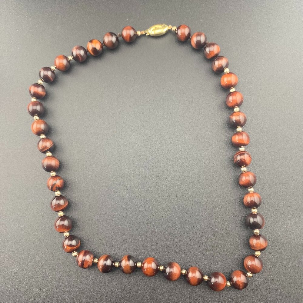 Vtg 9K Solid Gold Ball & 10mm Tigers Eye Beaded Necklace 18" - Lots of Gold